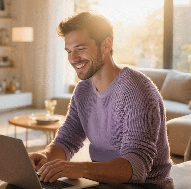 Person using laptop in living room